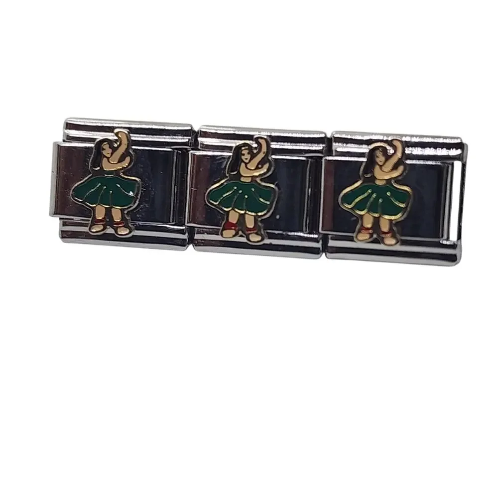 Silver Hula Dancer Italian Charm Links Stainless Steel Enamel Lot Of 3 Beach